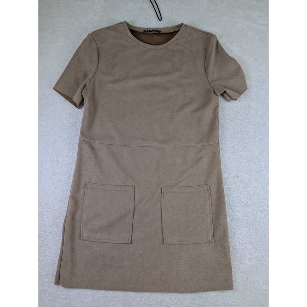 Zara Womens Faux Suede Short Sleeve Shift Dress Taupe Brown Pockets Size S